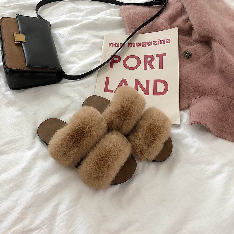 Classic designer double fur band lazy slides web celebrity all-match comfortable slip on furry slippers women outin 6513