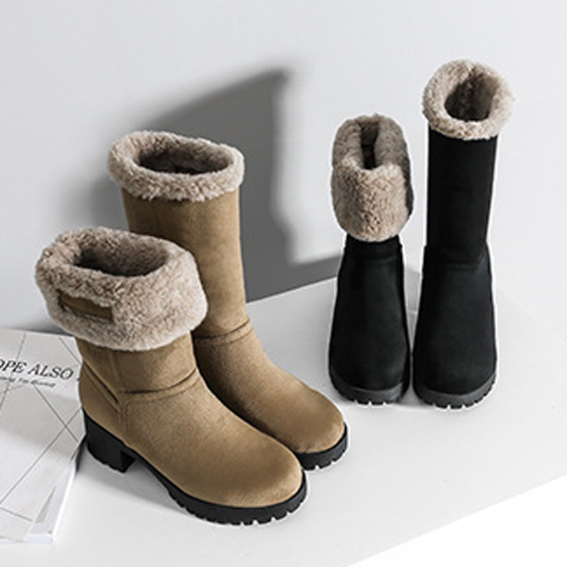 2025thick talons bottes en laine Femme Mid-Calf Retour sur les chaussures de neige Edge Nubuck Nubuck Botas fourrure Plans coton Botin 941F