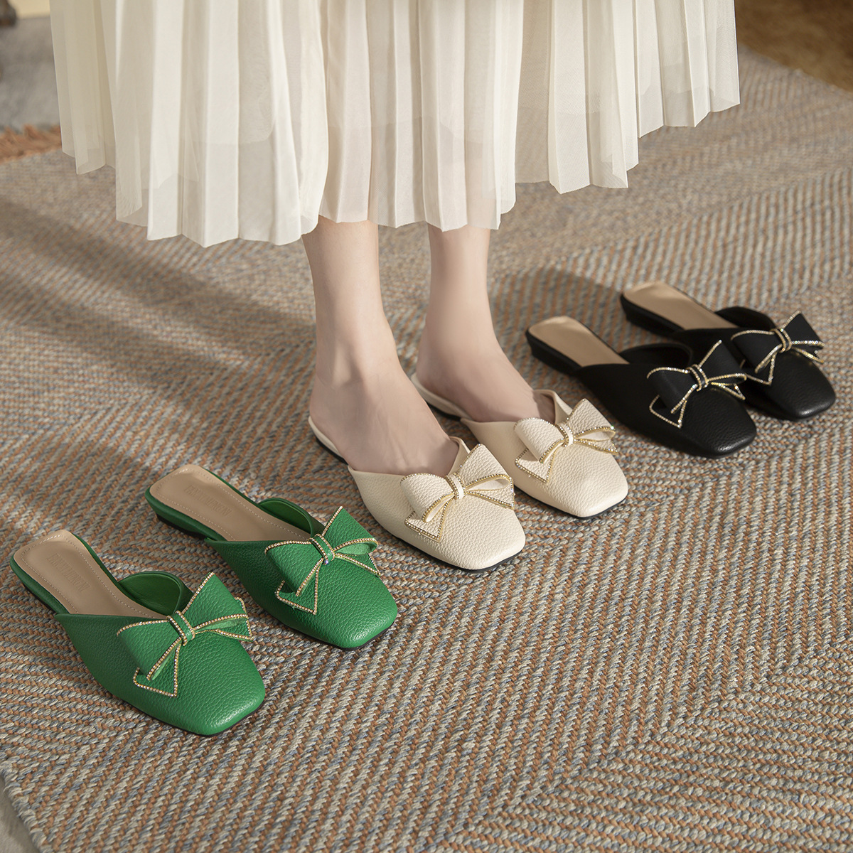 square toe soft leather bowknot slippers women solid color low heel mules summer slides woman outdoor lazy shoes fema 0d48