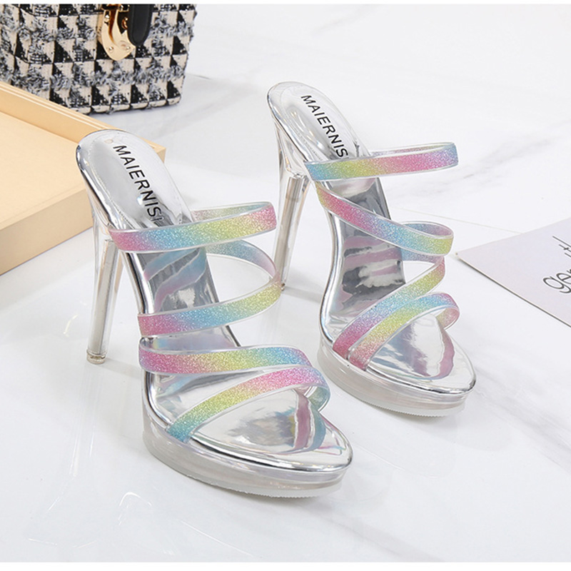 12 cm super hauts Sandales de couleur arc-en-ciel Femmes Gold / Sier Platform Gladiator Sandalias Night Club Stiletto Glitter 423d