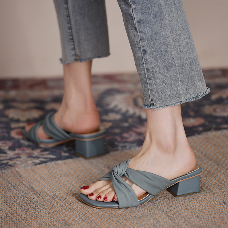 cross band leather knot slippers women open toe solid color high heels sandaliad mujer 2025 summer beach slides outdo 083f