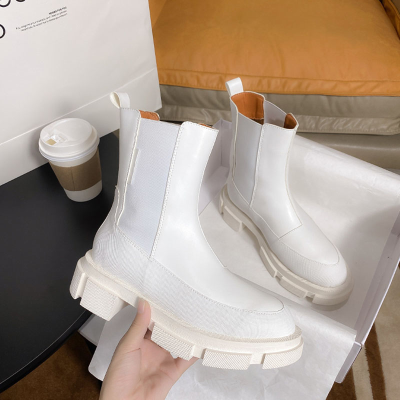 2025 Bottes d'équitation élastique blanches Chaussures de plate-forme de femme haut haut en cuir botas féminina en caoutchouc épais en caoutchouc