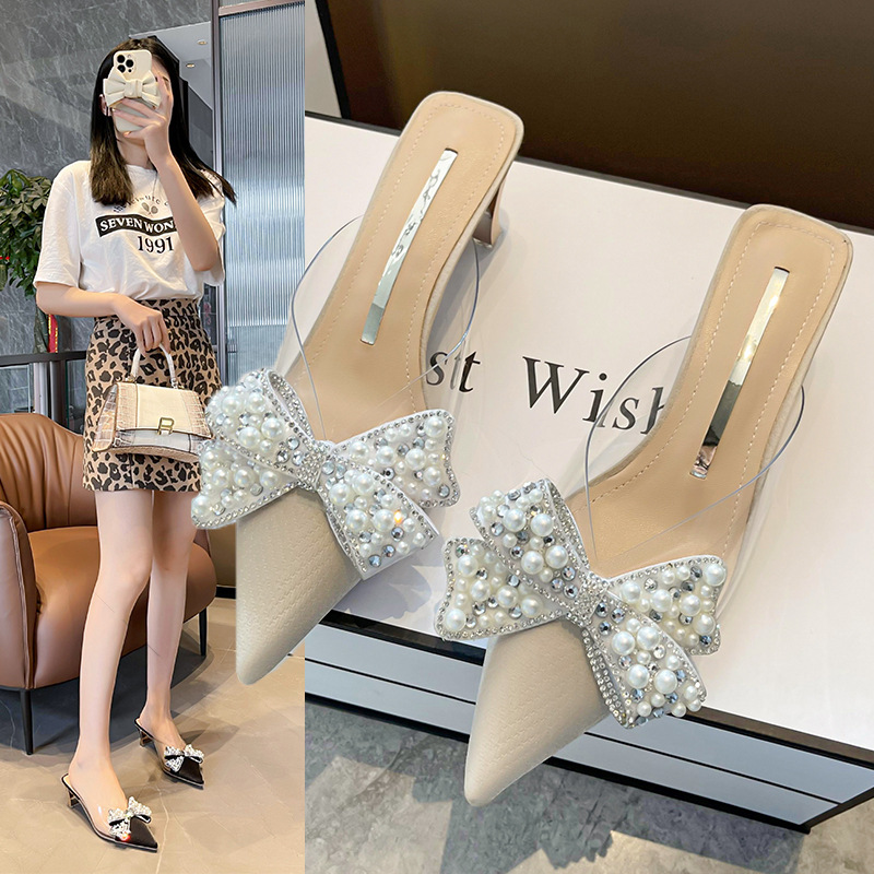 2025 new summer pearl beading bow women pointed toe cloth pvc patchwork slides shoes strange gold heel mules 1982