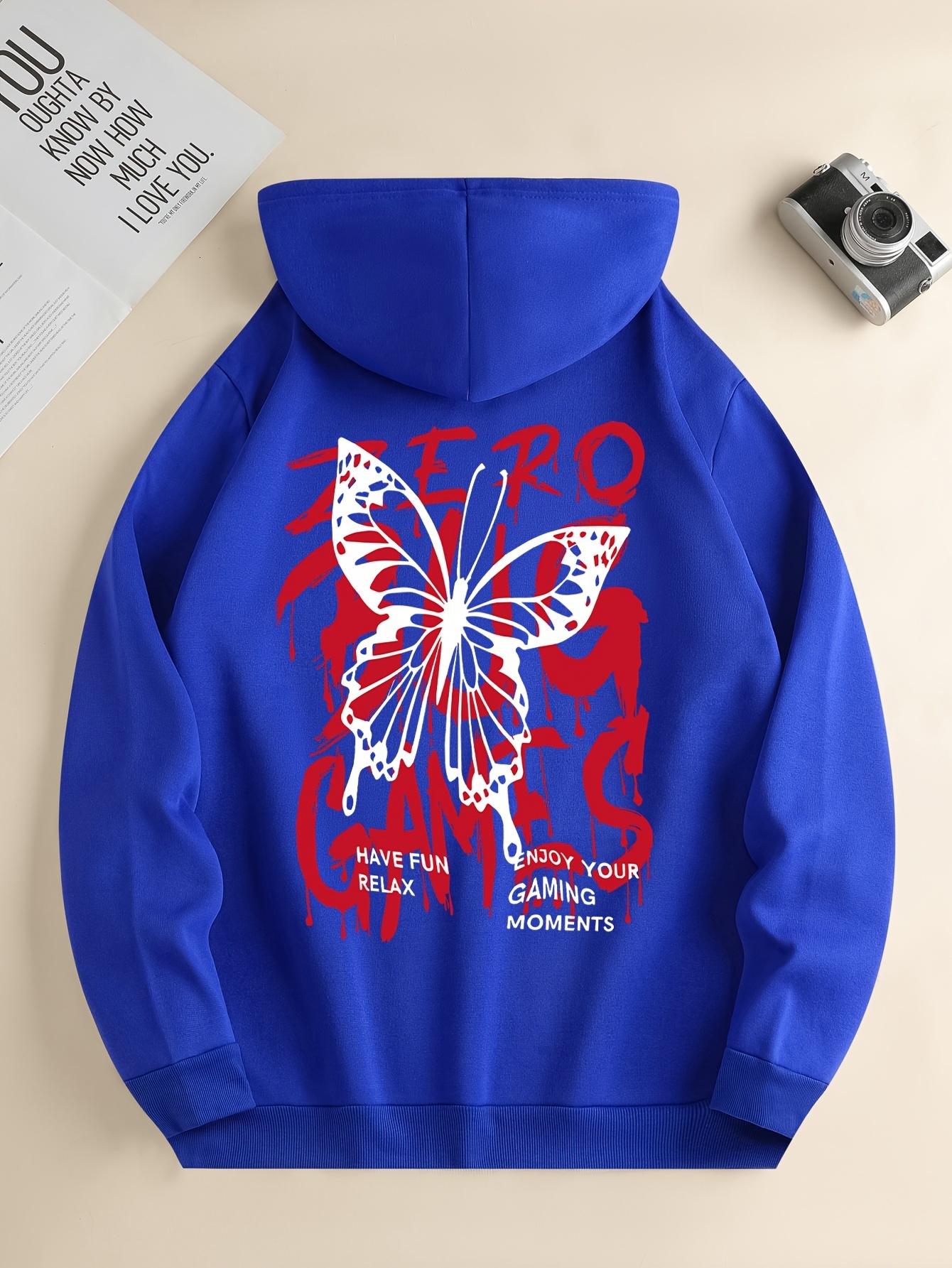 Red Butterfly Against Red Words Background Print Hoodie, Cool Long Designer Sleeve Hoodies For Men, Men's Casual Creative Graphic Design Pullov