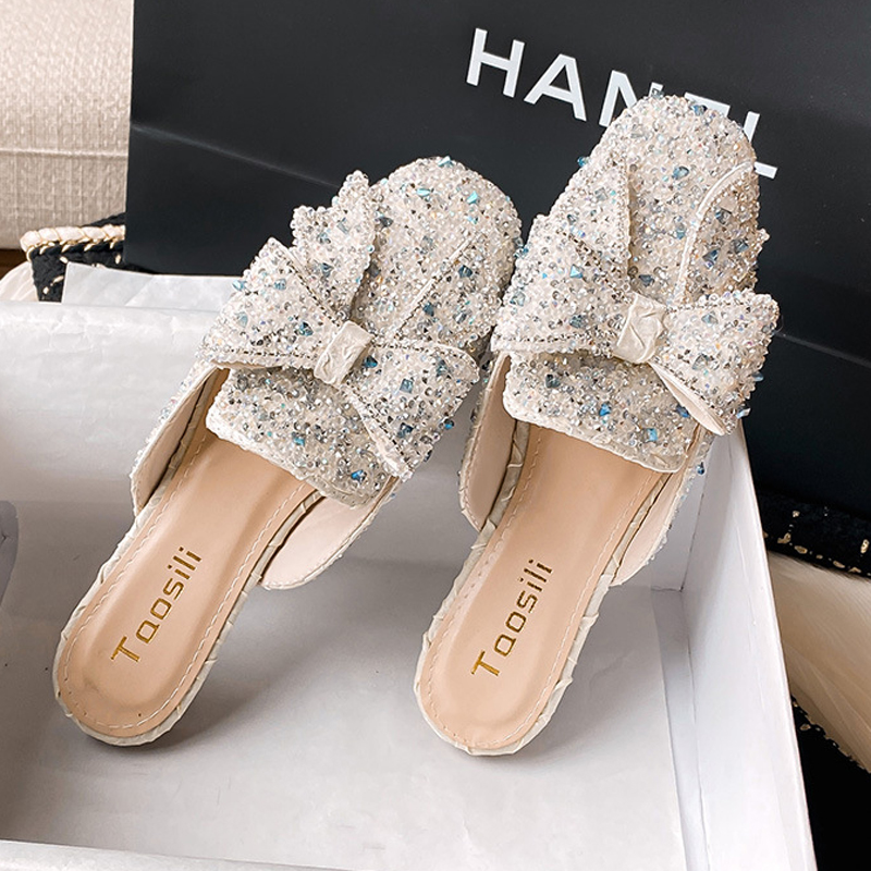 Plus Size 42/43 Glitter Sequins Shoes Woman Butterfly-Knot Slides Flat Low Heels Mule Ladies Comfy Slippers Crystal Sand 12d7