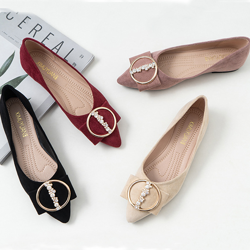 Toe pointu ck plates femmes chaussures de baskette femme puits de bouleille de ballerine cristal métal rond boucle mocassins femme