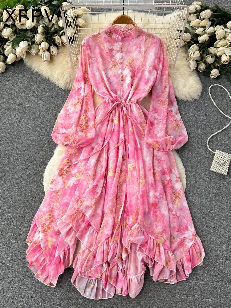 XFPV Womens Lantern Lant à manches longues Fleur Fleur brossée Robffle Long Robe Vestidos Y2K Fashion Spring and Automne SM11600 240902