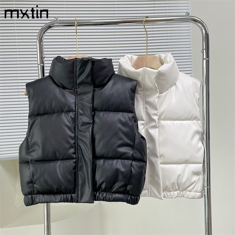 Womens winter vest fashionable synthetic leather apron jacket retro PU black and white womens short waist coat fashionable top 240830 ww