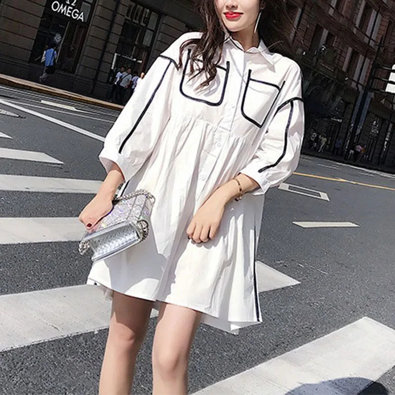 Automne femme A-line Polo Coun Coumor Splicing rinking Bouton Fashion Sweet Loose Longe Long Manche Robe 240902