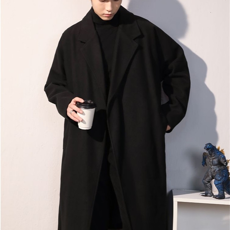 Spring and Autumn Woolen Coat Mens Clothing Solid Color Medium Long Trench Lapel Strap Pocket Loose Top A019 y240830