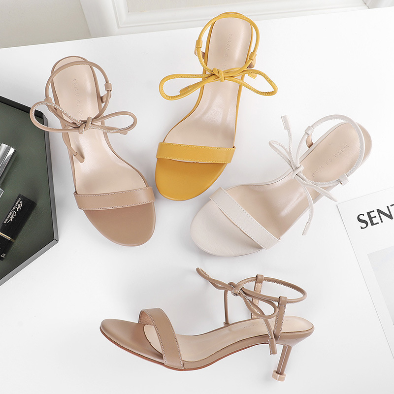 famous designer ankle lace up sandals women solid color one-word belt high heels summer shoes 2020 thin heeled sanda 1e27