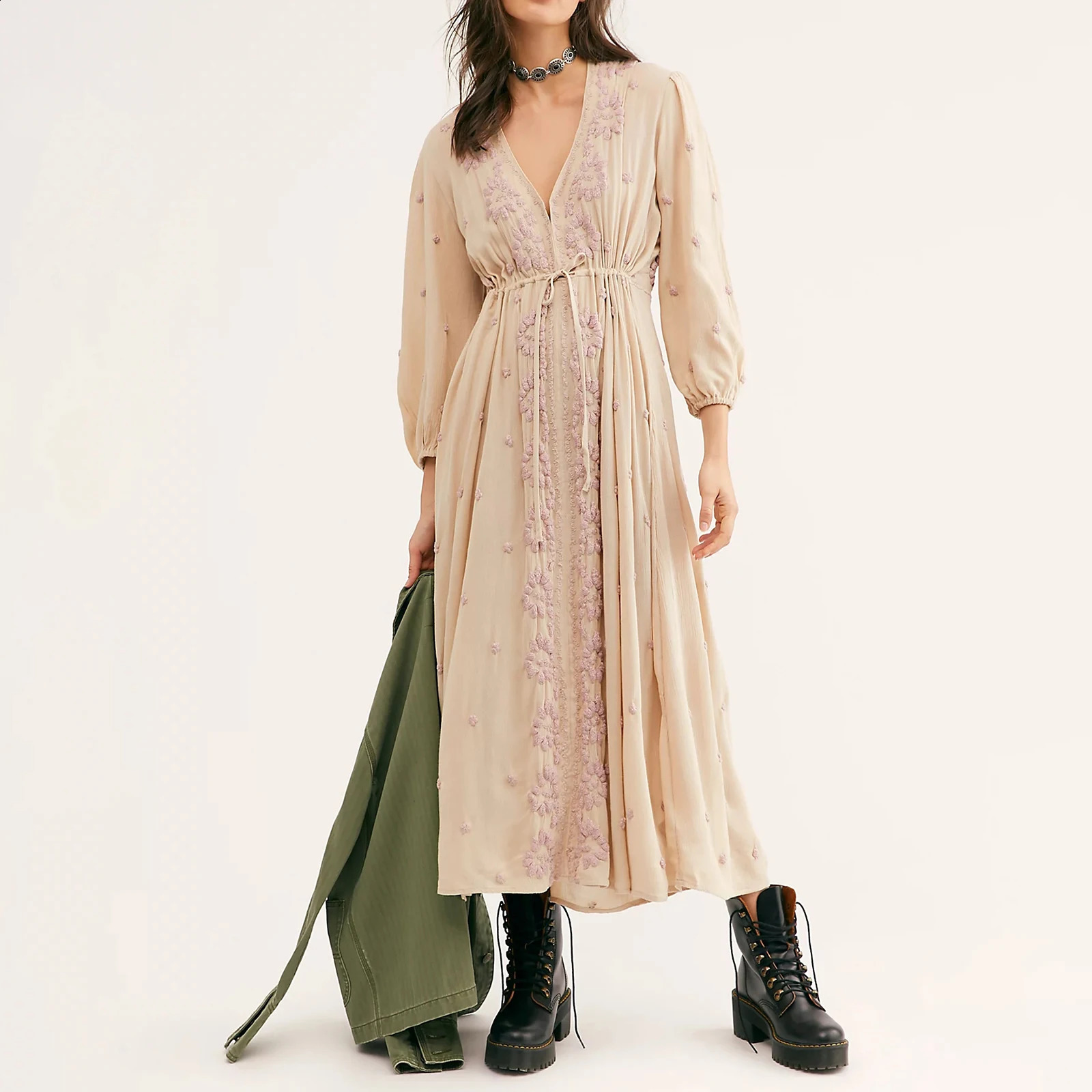 Hirigin Femmes décontractés Bohemian Long Robe y2k Swing Flowy A Line Long Robe Puff Manches en vrac Socle de soleil de plage 240902