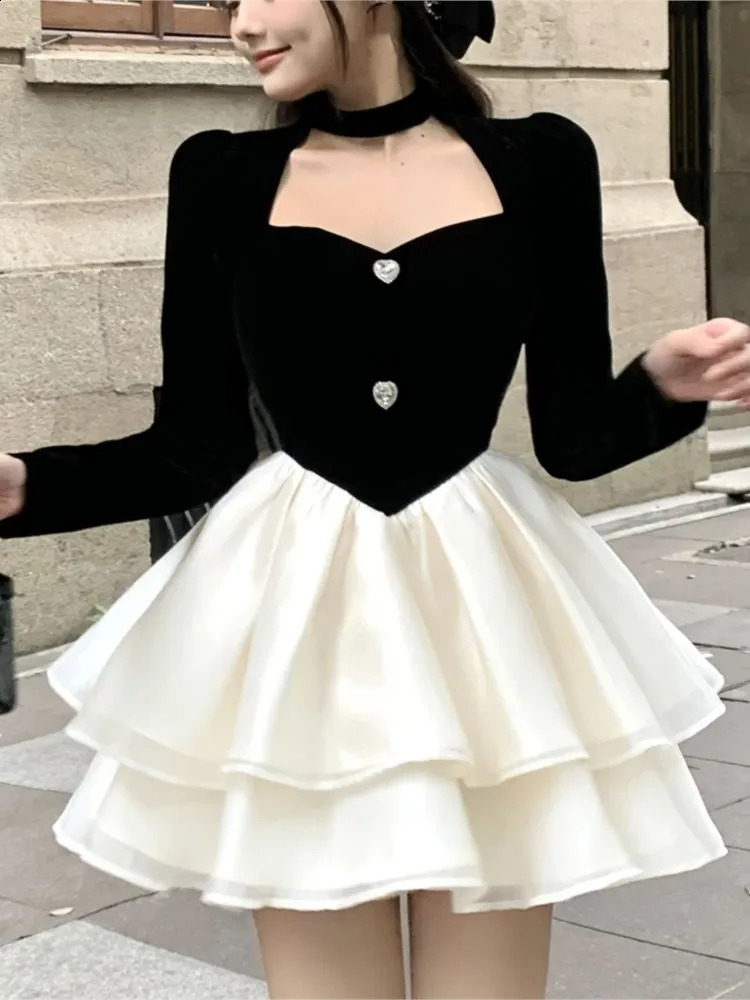 Y2K Mini Princess Dress Womens Velvet Patchwork Laminated Ruffle A-line Autumn Spring Elegant Retro Party Evening Dress Vestidos Mujer 240902