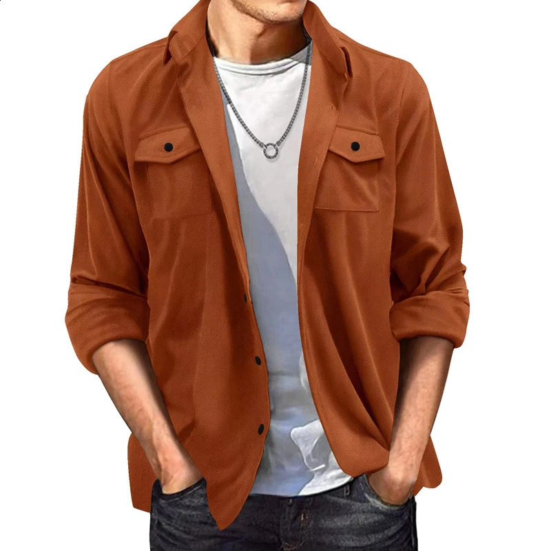 Fashion Suede Shirt For Mens Clothing Spring Autumn Casual Solid Color Pocket Long Sleeves Turn-down Collar Coats Loose Tops 240902