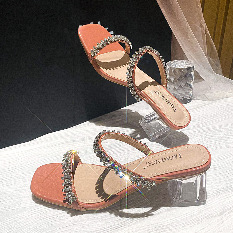 crystal beading high heels slippers women clear perspex heeled flip ps ladies rhie band party slides big 874e