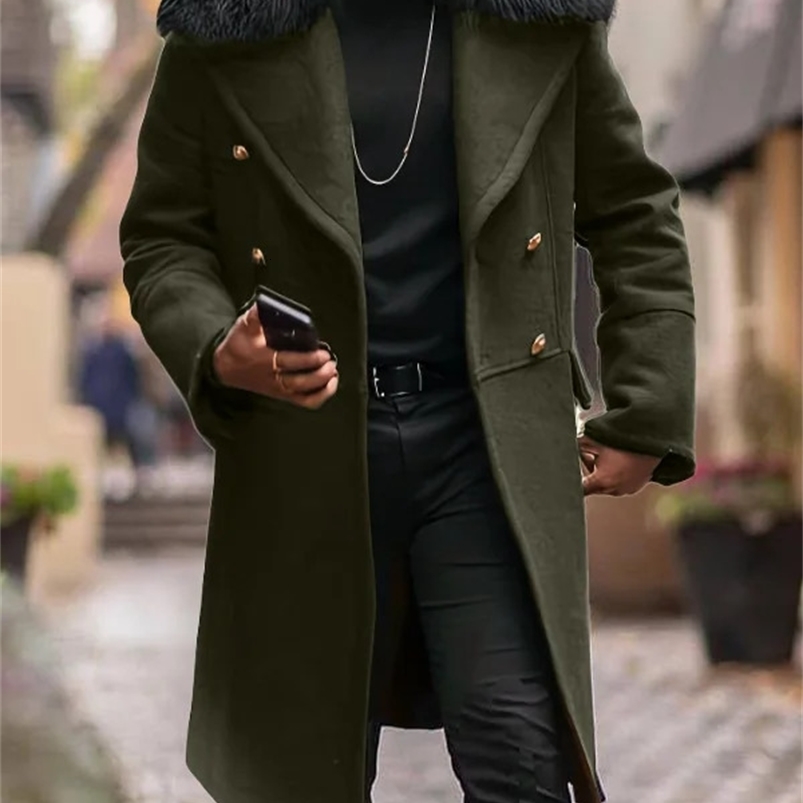 European and American Mens Casual Woolen Coat for Autumn Winter Young Doublebreasted Fur Collar Overcoat S5XL y240830