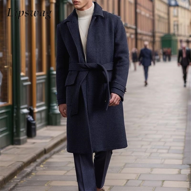 Fall Winter Thick Warm Woolen Coats Men Vintage Lapel Buttoned Belt Tieup Overcoats For Mens Fashion Solid Color Trench Jacket y240830
