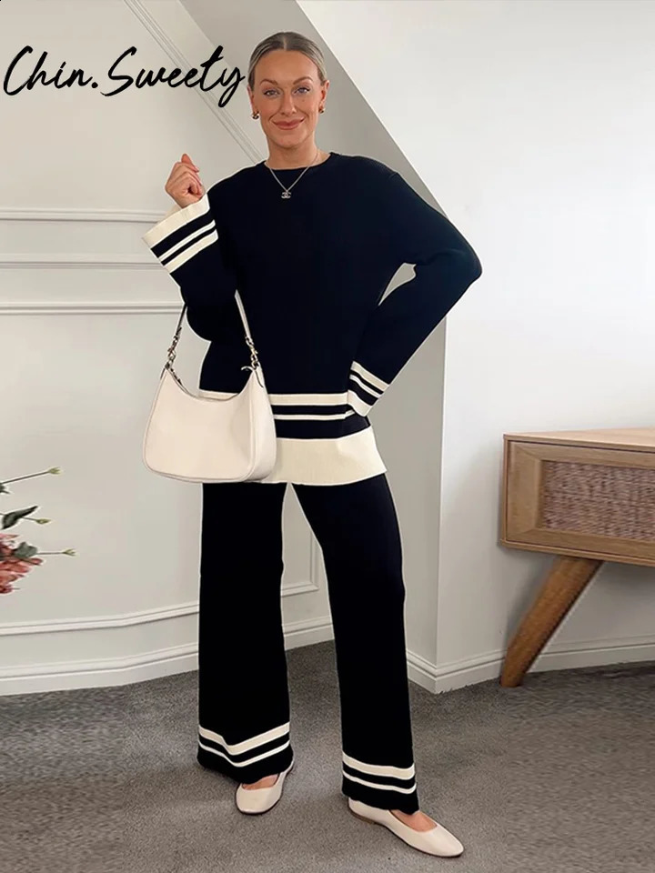 Retro striped printed knitted pants set for womens loose O-neck long sleeved zipper wide leg mens autumn womens track suit 240902