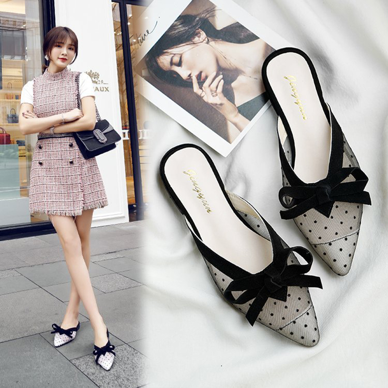 2025 Polka Dot air mesh slippers women pointed toe bow-knot mules summer shoes woman sandalias low heels breathable slid 9535