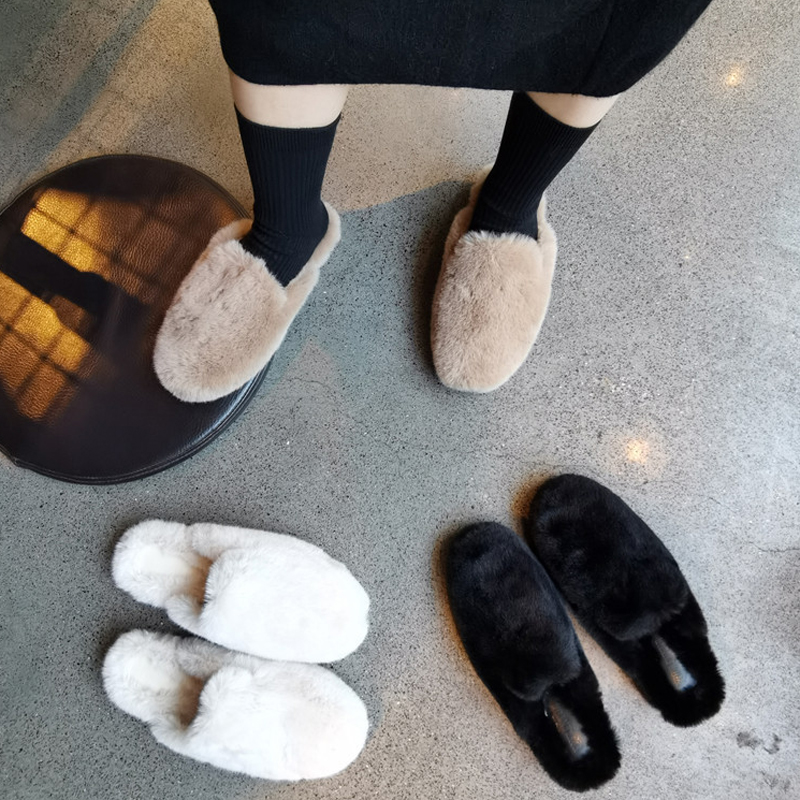 2025Ins Trendy Slippers Woman Mink Fur Shoes Winter Rubber Flats Loafers White Wool Slides Femme Semi-Trailer Home Fur b641