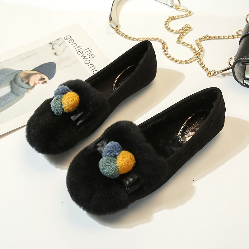 Brief Slip on comfy espadrilles shoes women brand new cute fur ball pregnant flats winter korean rabbit hair moccasi 0723