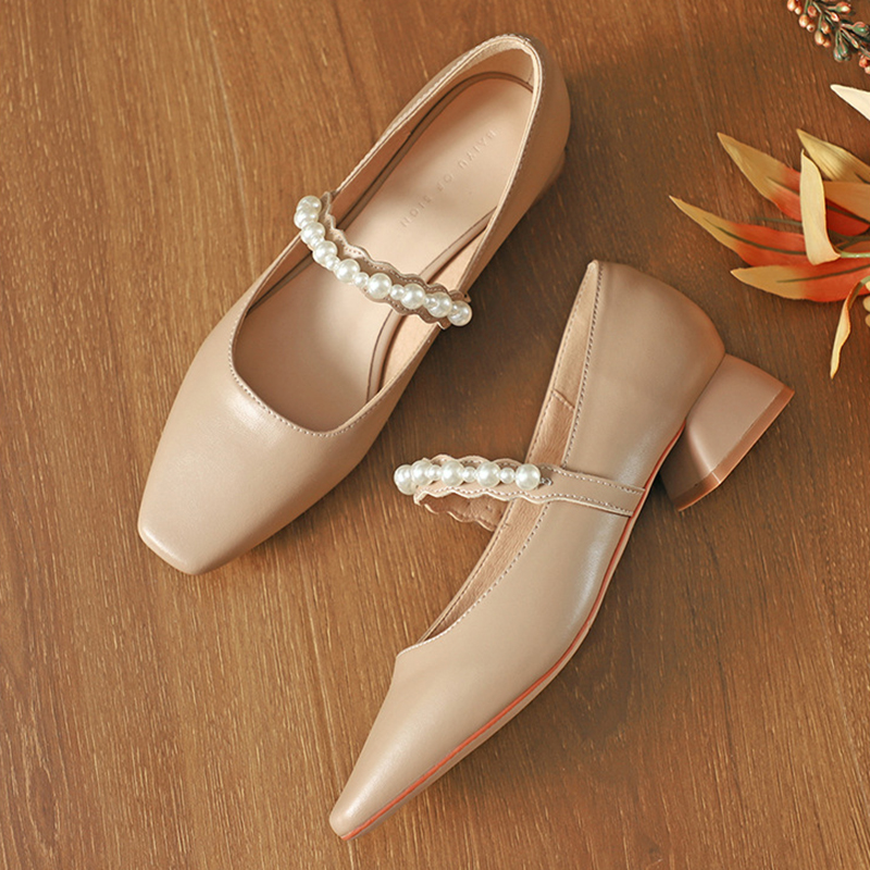 Ceinture perle mary jane chaussures femmes 2025 baskets peu profondes talons épais talons mots de femme berge