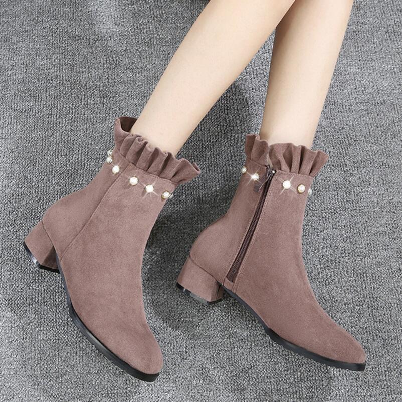 célèbre designer volants bottines Femmes 34-43 Small / grande taille perle hiver botas mujer rivets perles de talon gros