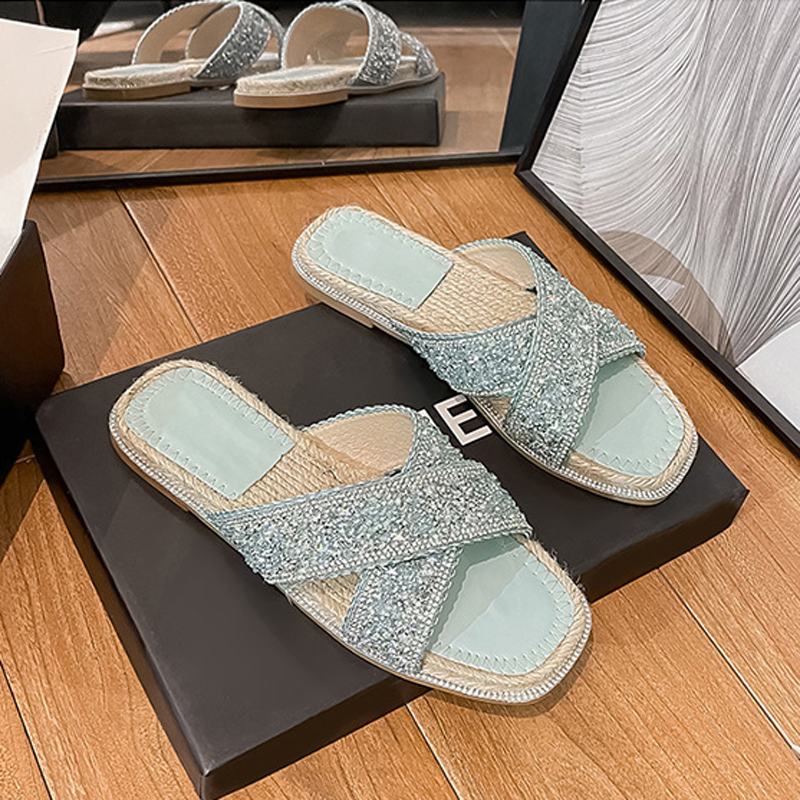 Grande taille 43 bg sequins flipps chaussures dames shoes été vertes cross bands ganters femmes paille sandalias glissades de cristal f 5277