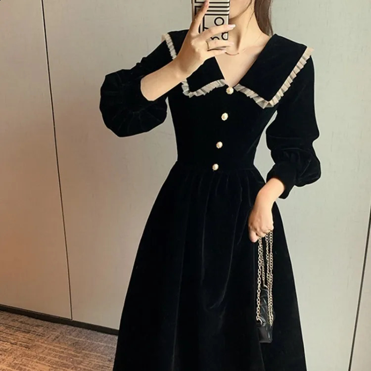 Sweet Vintage Black Peter Pan Collar Robe Automne Ultra Thin Fime Womens Robe Y2K E- Long Manchette Top bustigeur 240902