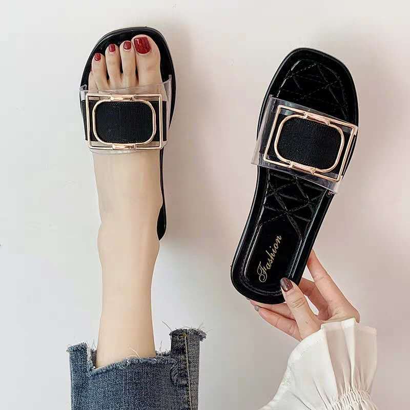 Métal boucle transparente les pantoufles femmes couleurs de bonbons japonais en cuir flip flip ps dames dames se plage chaussures clea ff1a