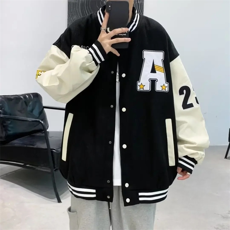 Autumn jacket unisex contrasting color college embroidered leather sleeve jacket mens fashion baseball set casual street shorts top 240830