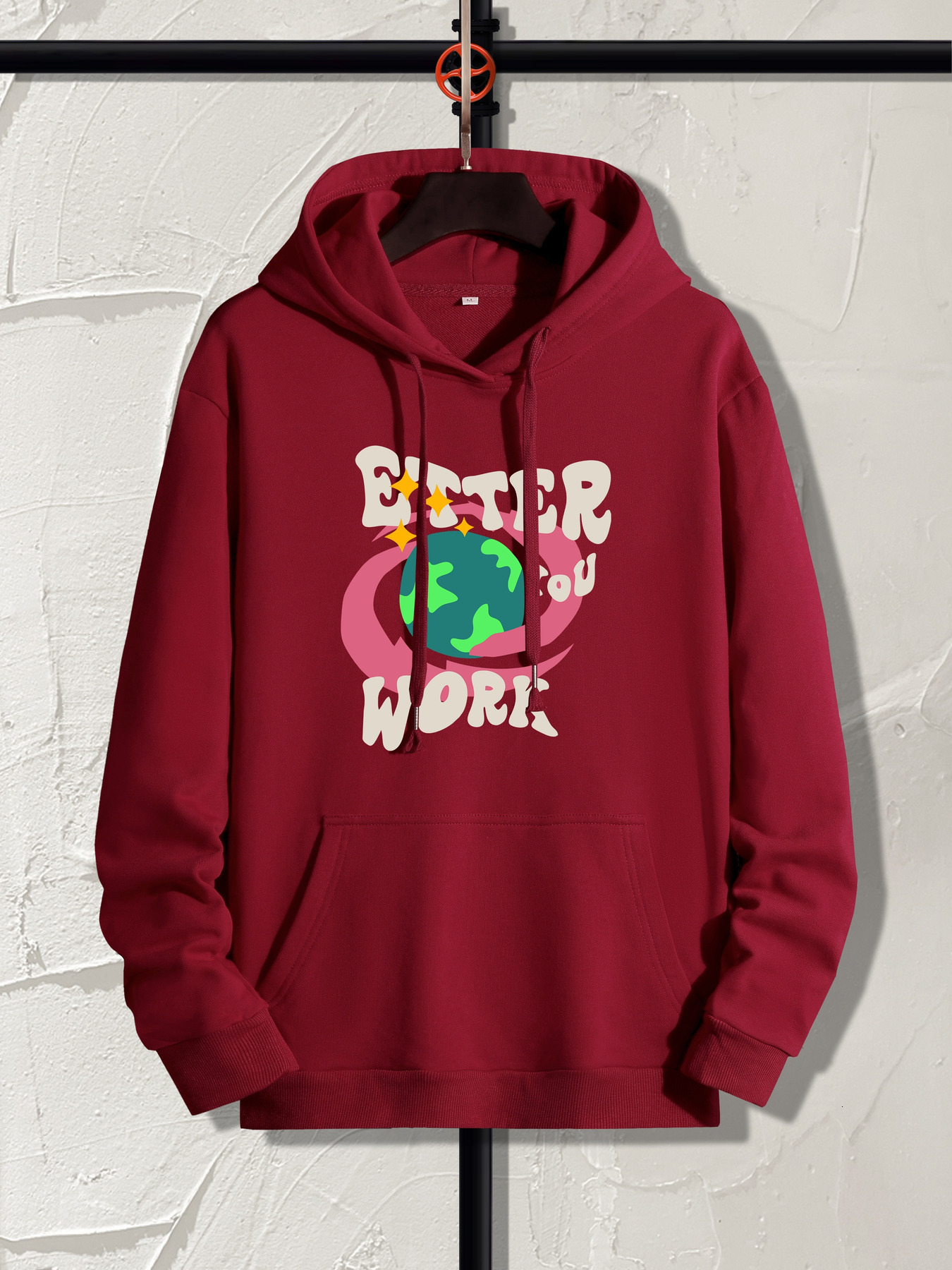 YOU WORK And Earth Graphic Print, Mens Cool Streetwear Hoodies, Casual Loose Hooded Pullover With Pockets, Top For Men For Fall And Designer Winter,
