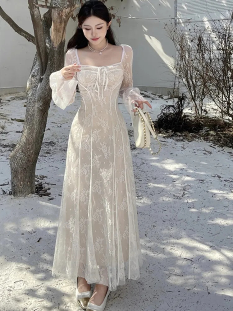 Autumn lace Midi dress womens flame sleeves square collar mesh patch work French retro evening dress Vestidos Mujer 240902