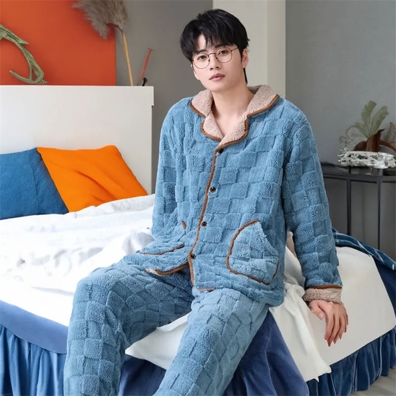 Mens winter thick coral fleece pajamas Trouser long sleeved plain weave jacquard cardigan 2PCS set warm and casual flannel pajamas 240830 ww