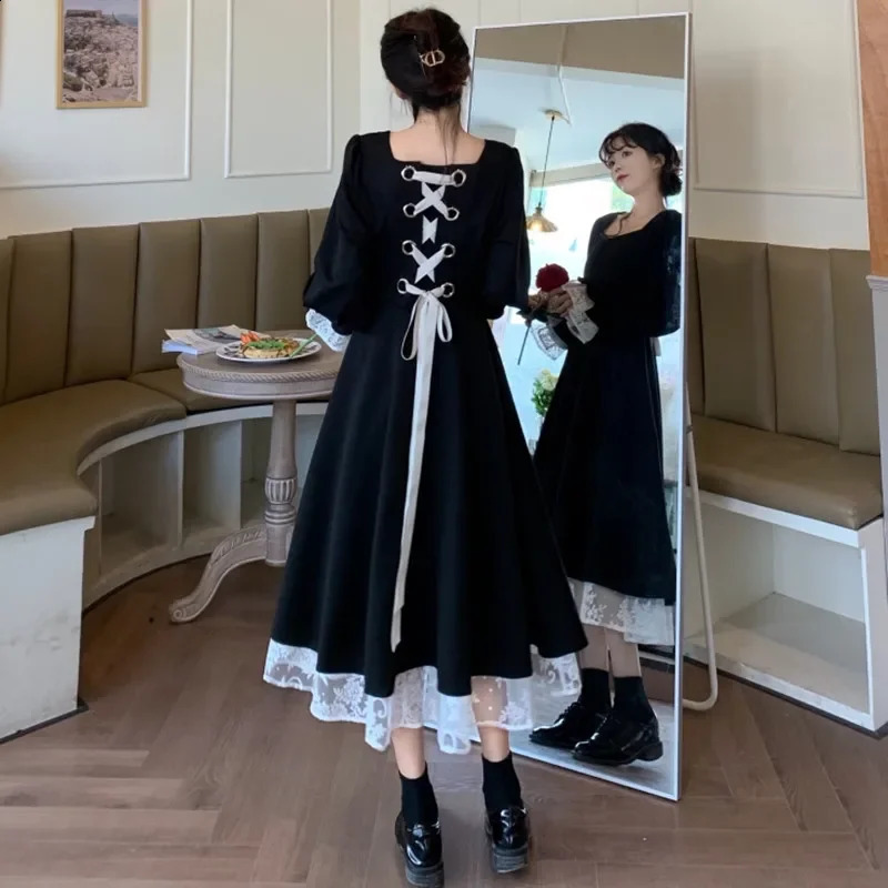 Strap waist loose long sleeved womens long skirt retro autumn Y2k black lace party vest De Mujer 240902