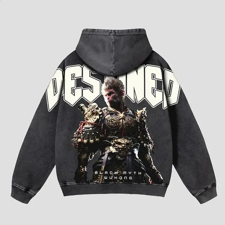 selling black mythological graphic wash pain pocket hoodie Y2k hip-hop Chinese style mens street sports shirt 240830