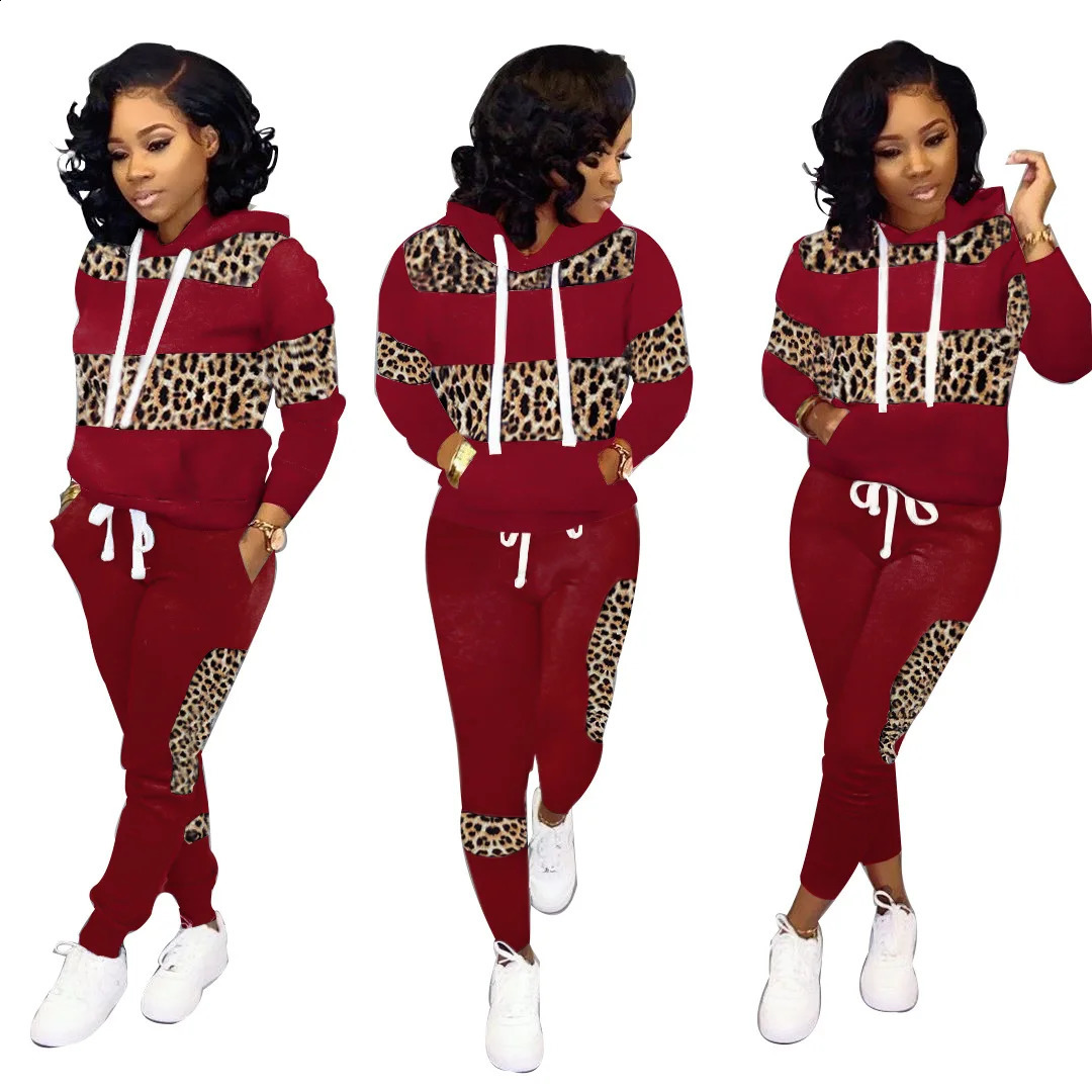 Fashion Street Leopard Patch Printed Evening Dress Womens Set Two Piece Set Womens HoodieSports Pants Matching Set 240902