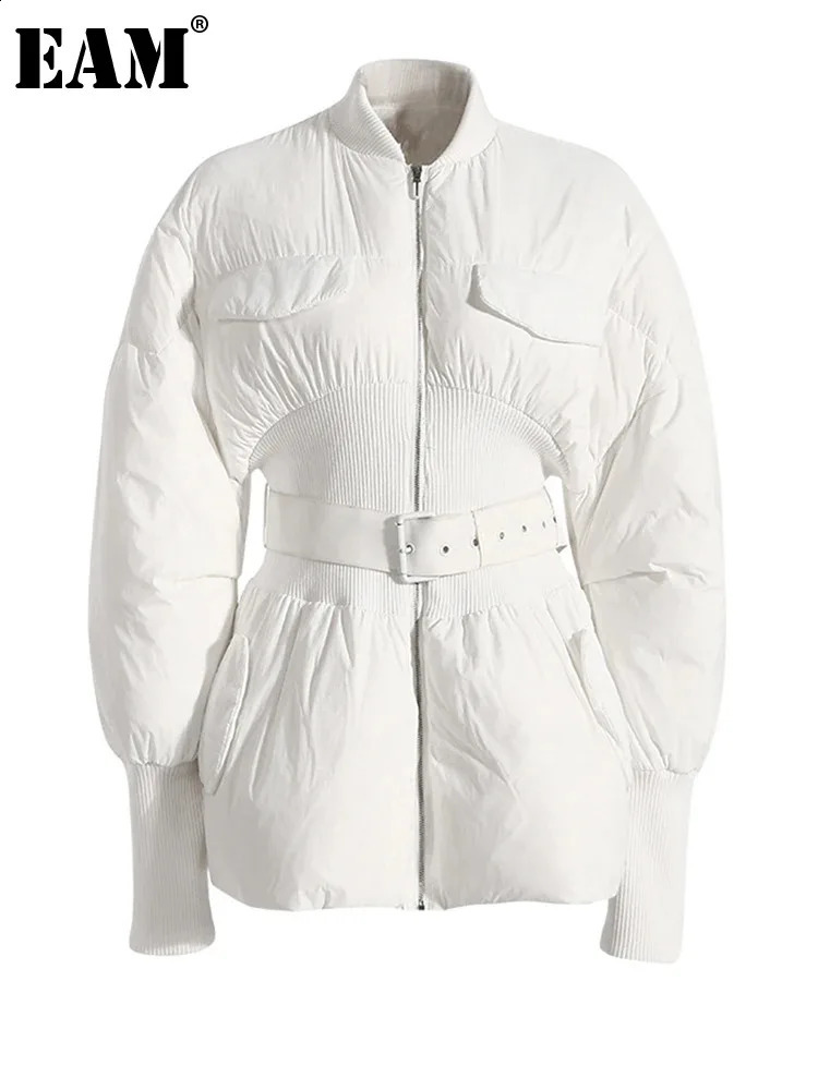 EAM Belted Warm Big Size Cotton-padded Coat Long Sleeve Loose Fit Women Parkas Fashion Autumn Winter 1DF1816 240830