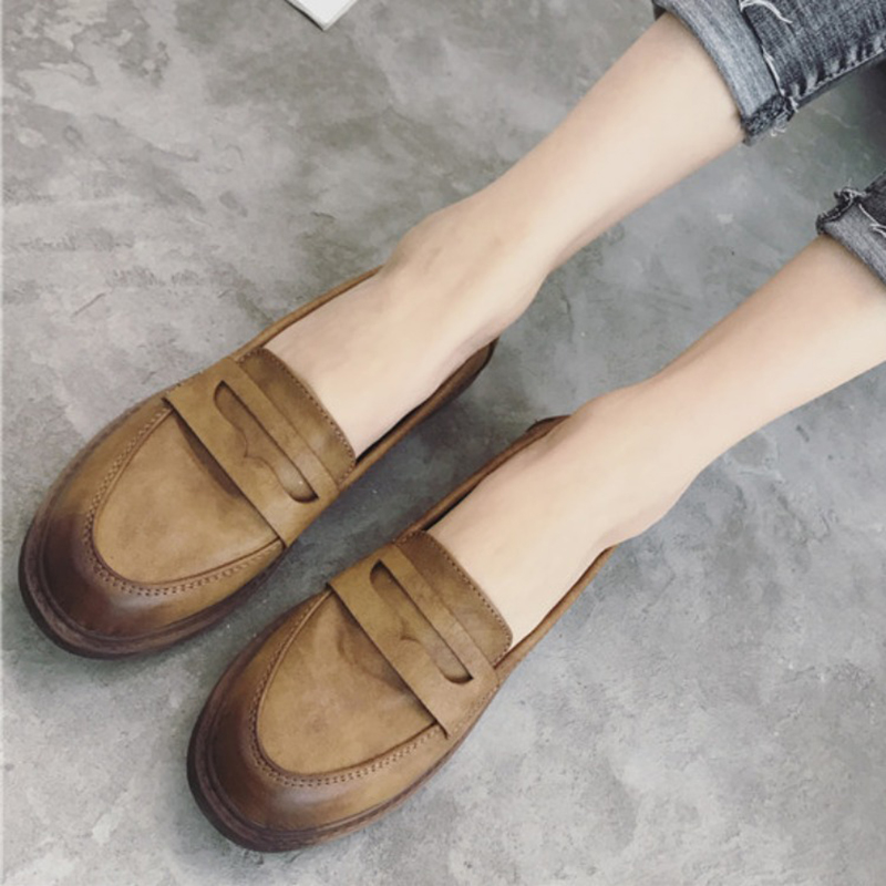 Retor petit cuir pour femmes mocassins Toe rond Derby chaussures femme appartements épais talons oxfords 35-40 word Band pain a8d3