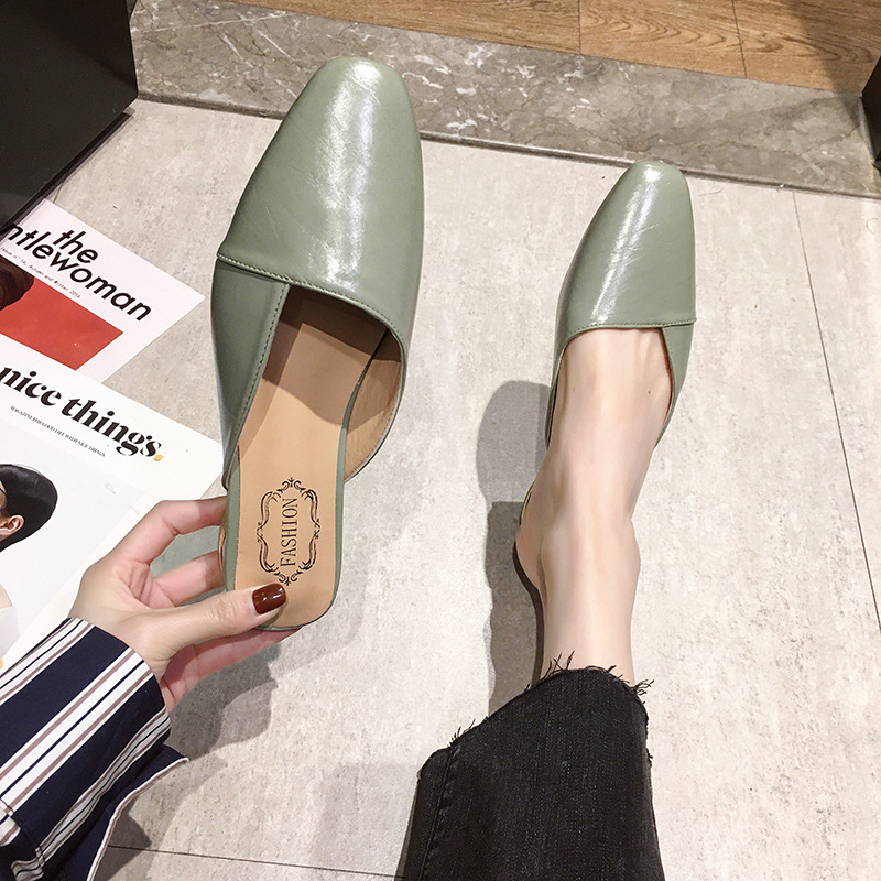 PU leather mules women closed toe patchwork slippers low heel spring/summer outdoor slides female flip ps la 8a2b