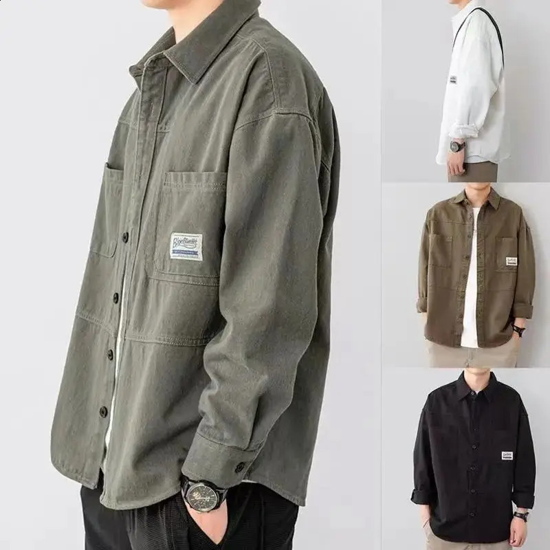 Men Clothing Autumn Trendy Vintage Cotton Workwear Jacket Simple Casual Lapel Long Sleeve Loose Cardigan Shirt Camisas De Hombre 240902