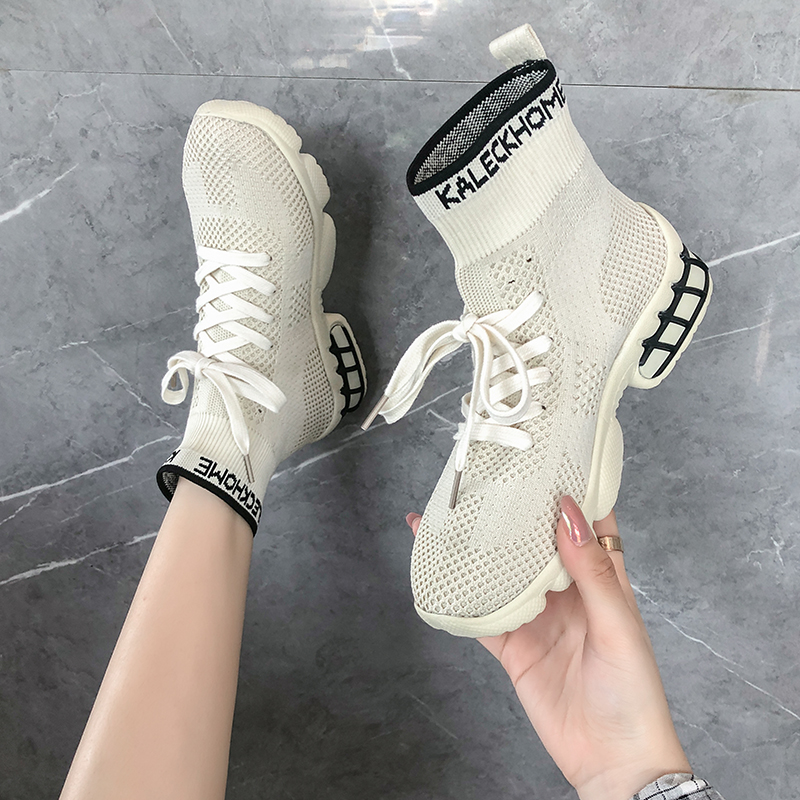 stretch fabric knitting boots women autumn winter cross-tied sock booties mujer letter printing weaving wedges ankle bo 9ca9
