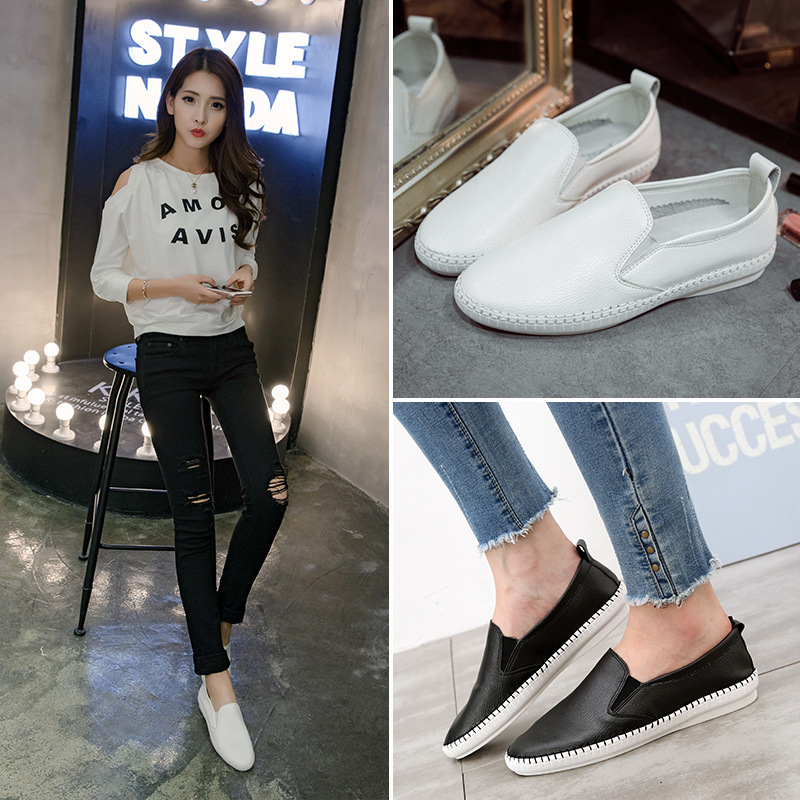 2025 Mandons confortables Femme Véritable Pig Pig Leather Sneakers Small White Shoes Ladies Elastic Slip on Sewing Flats Femme infirmière CB35