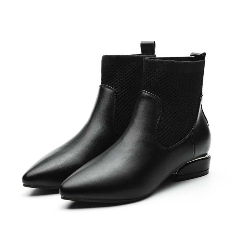 new autumn winter knitting ankle boots women designer metal decoration low heel leather feminina pointed bota c739