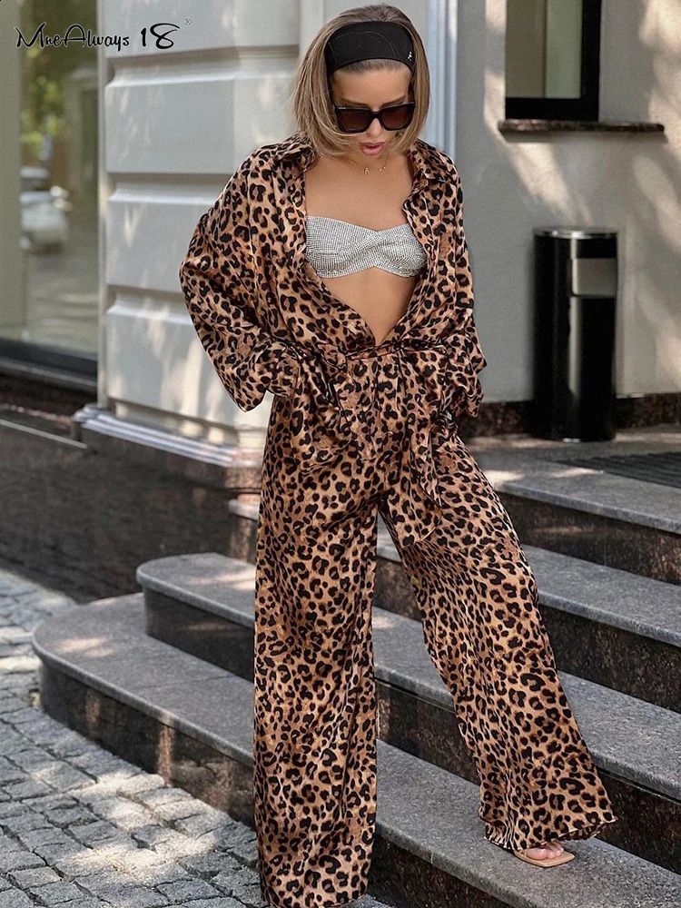 Mnealways18 Leopard Street Pants Set Womens Oversized Printed Shirt and Wide Leg Pants Womens Casual Set Autumn Fashion 240902