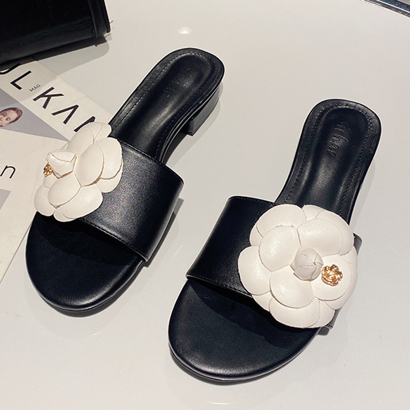 Black White Camellia Slippers Woman Low Heels Shoes Ladies Elegant ral Sandals Open Toe Beach Slides Brand Sandali 0c00