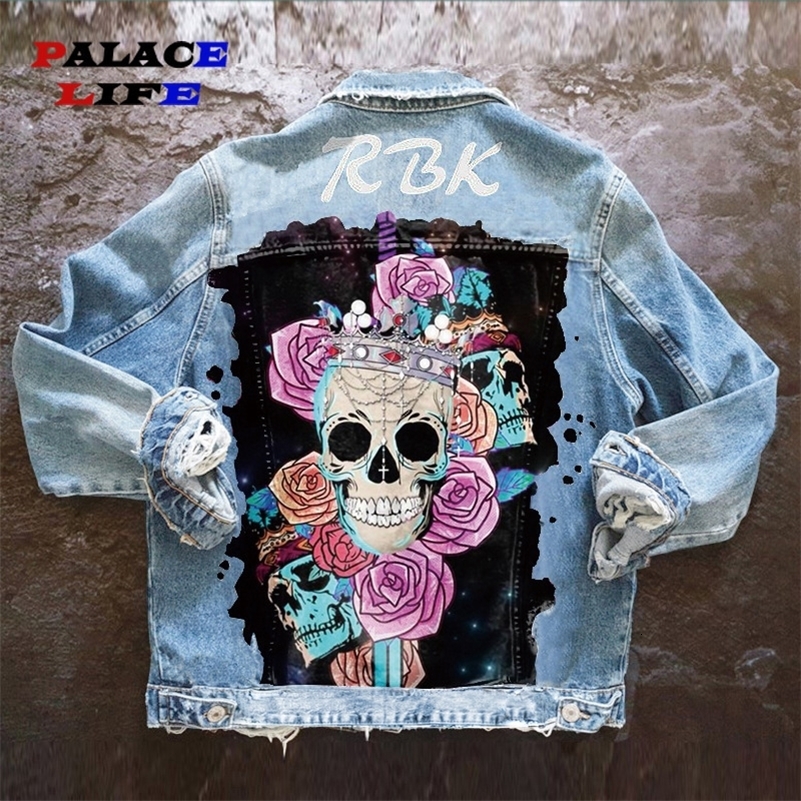 Hip hop jeans jacket mens Spring and Autumn Y2K retro fashion jacket heavy industry skull print short jacket Ins selling Hombre 240830