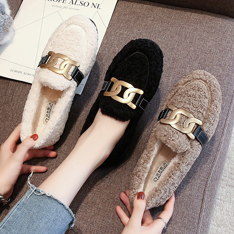 2025 Brand Belt Chain de chaîne Femme Chaussures en laine bouclée Big Taille 42/43 Winter Plance coton Coton Femmes Femme Moccasins Fur B4A9