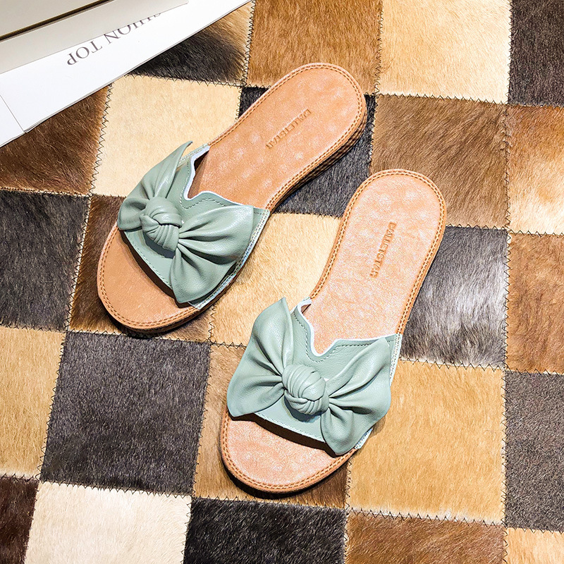 genuine leather bowknot flat slippers women solid color beach shoes summer casual designer cowhide bow flip ps woman 5647