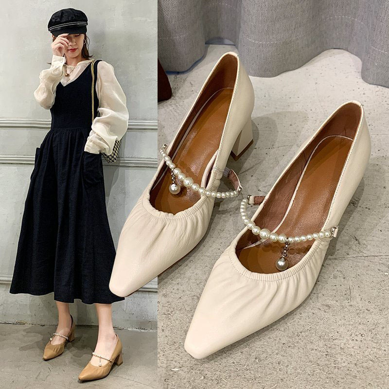 Mary jane conception féminine corde de corde pompes femme pointu de bande élastique à orteil Slip sur les talons épais talons hauts chaussures wo